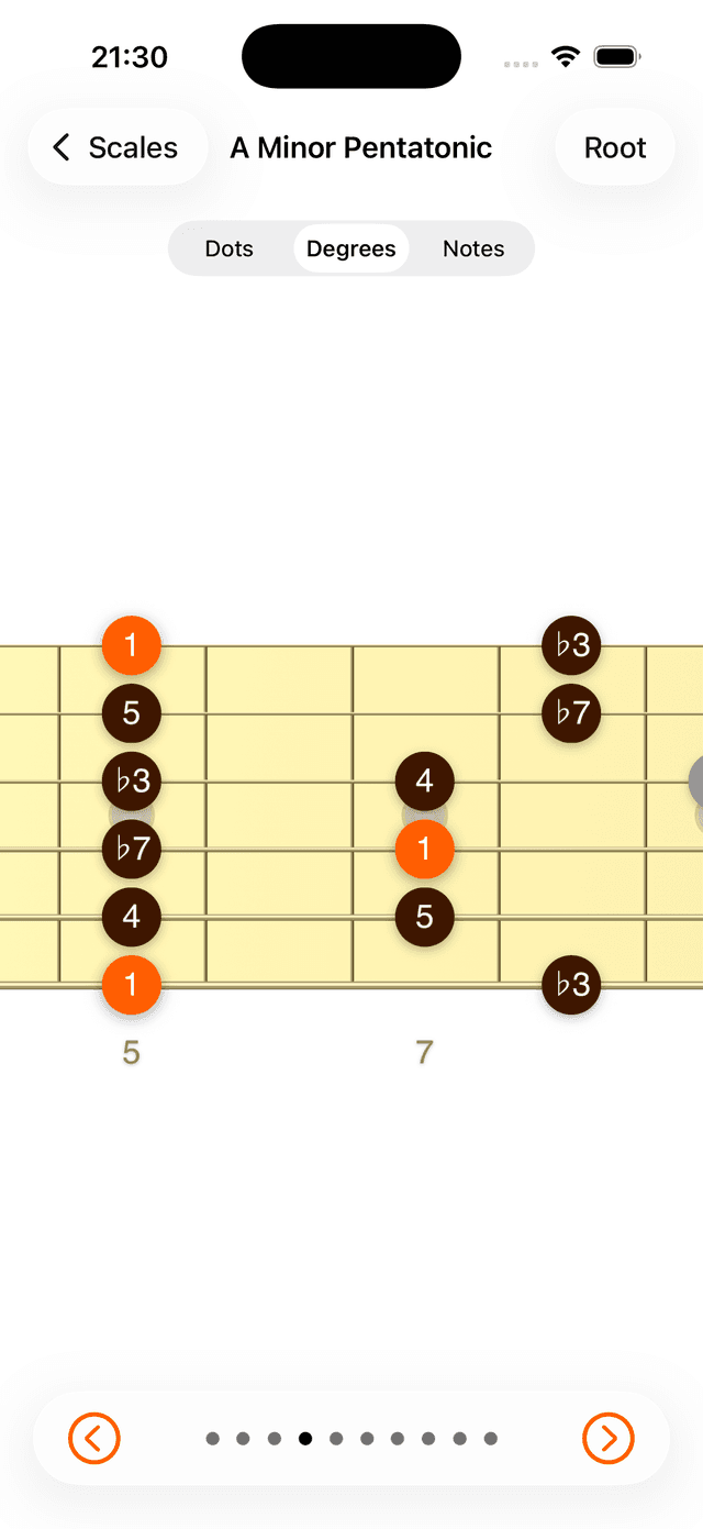 Fretboard app showing A Minor Pentatonic scale on guitar fretboard